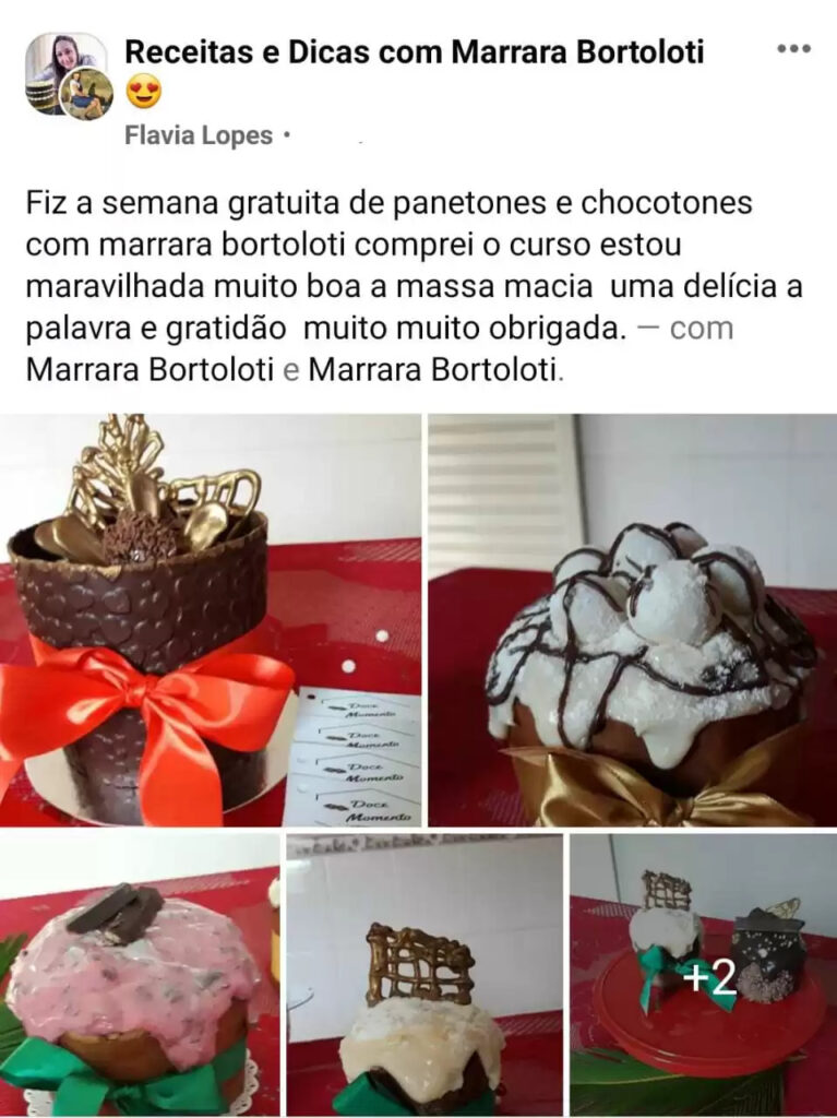 Panetones artesanais produzidos em grande quantidade por aluna do curso, mostrando produção para vendas.