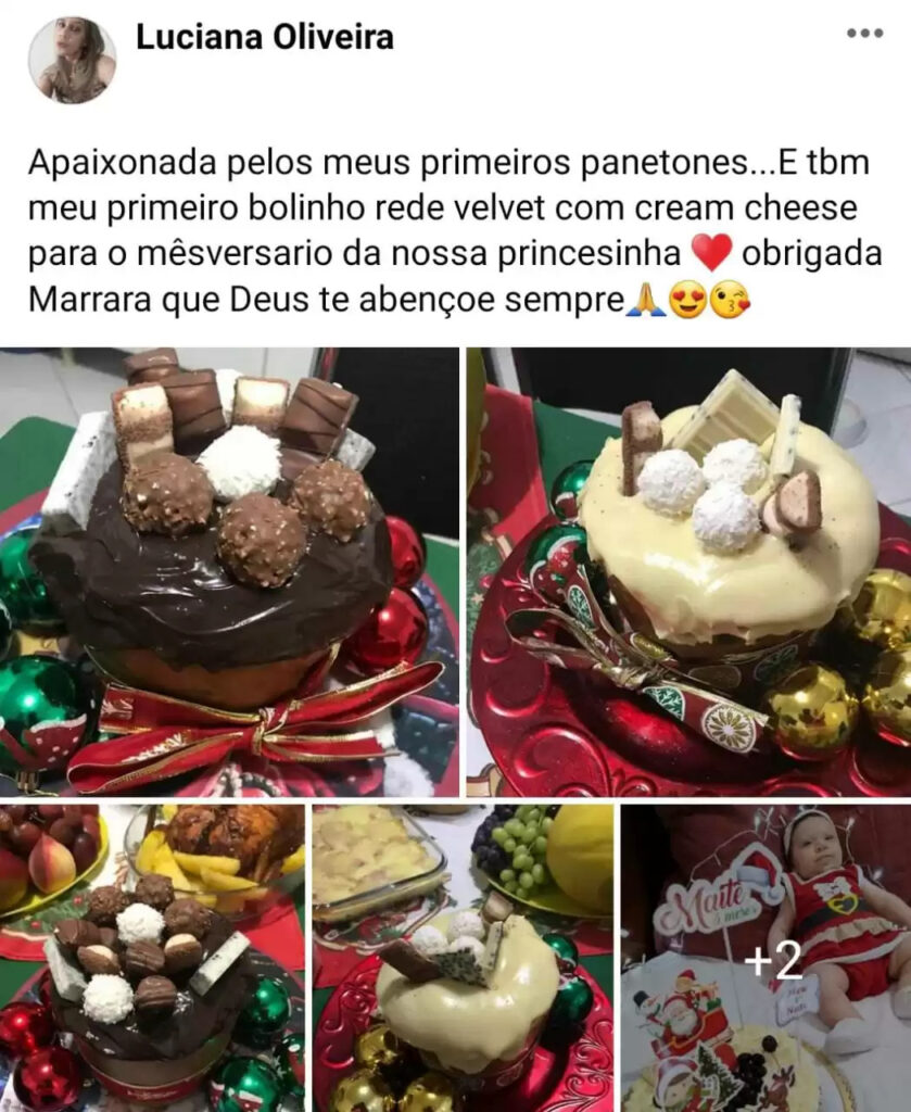 Panetone decorado com creme e chocolates, produzido por aluna do curso de panetones, mostrando resultado do método ensinado.