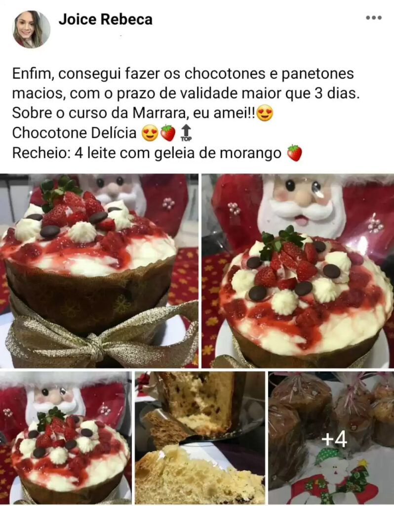 Panetone decorado com creme e morango chocolates, produzido por aluna do curso de panetones, mostrando resultado do método ensinado.